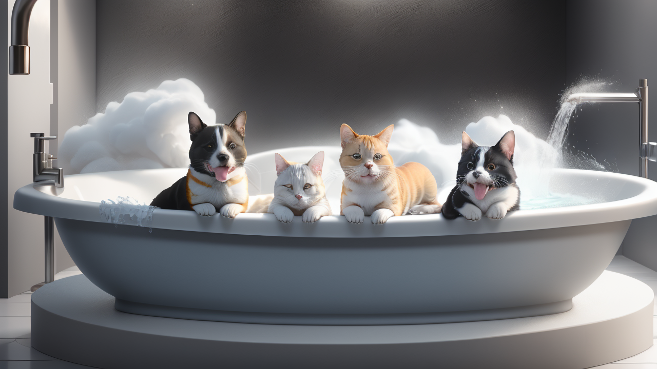 Pets enjoying a bubble bath at a pet wash station in a modern pet center