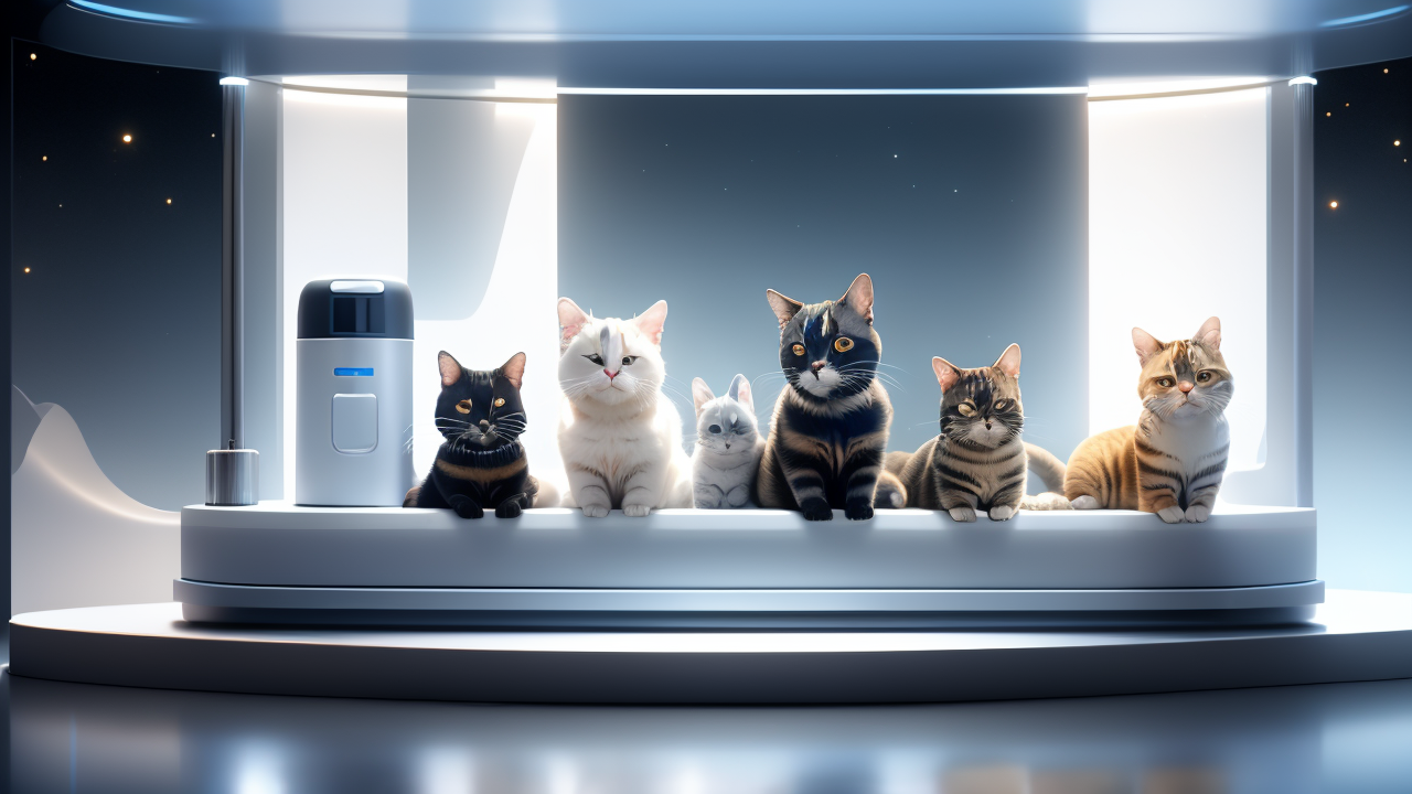 pet station, Calico kitten on Pet Oasis platform with blue dome and gold containers in a cozy room.