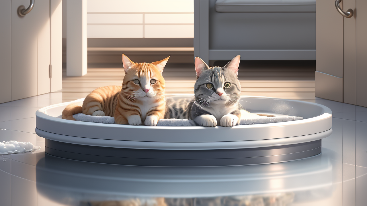Pet Oasis cats posing on a modern platform with a starry night sky backdrop