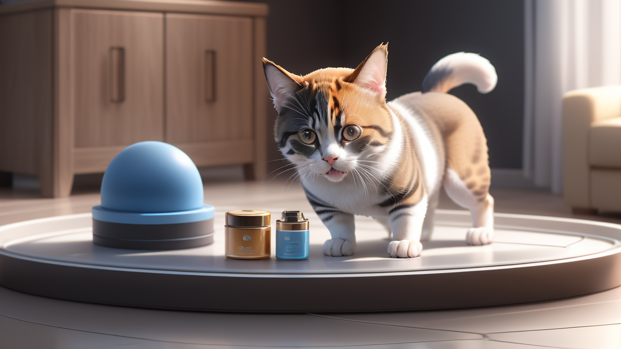 Pet Oasis scene: two cats on a round bed in a modern room with a pet tent nearby.