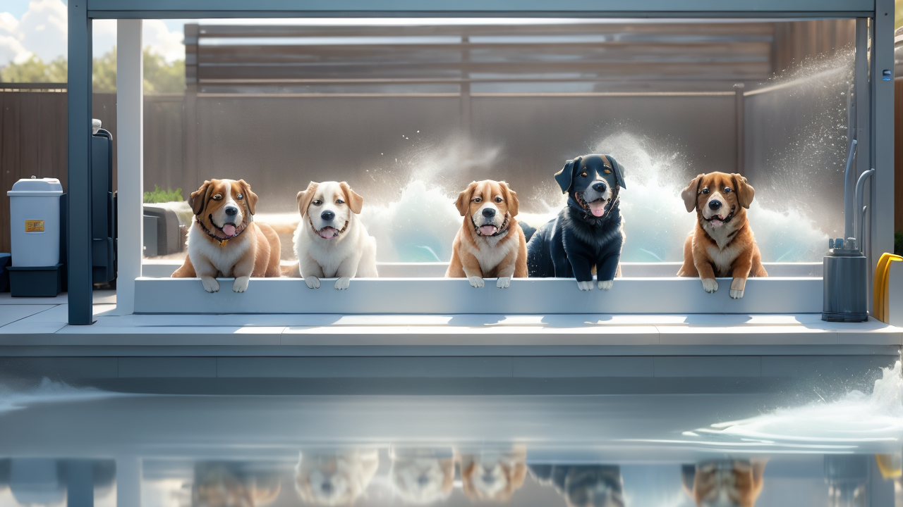 pet feeding station, Modern kitchen with colorful cylindrical trash cans and minimalistic decor