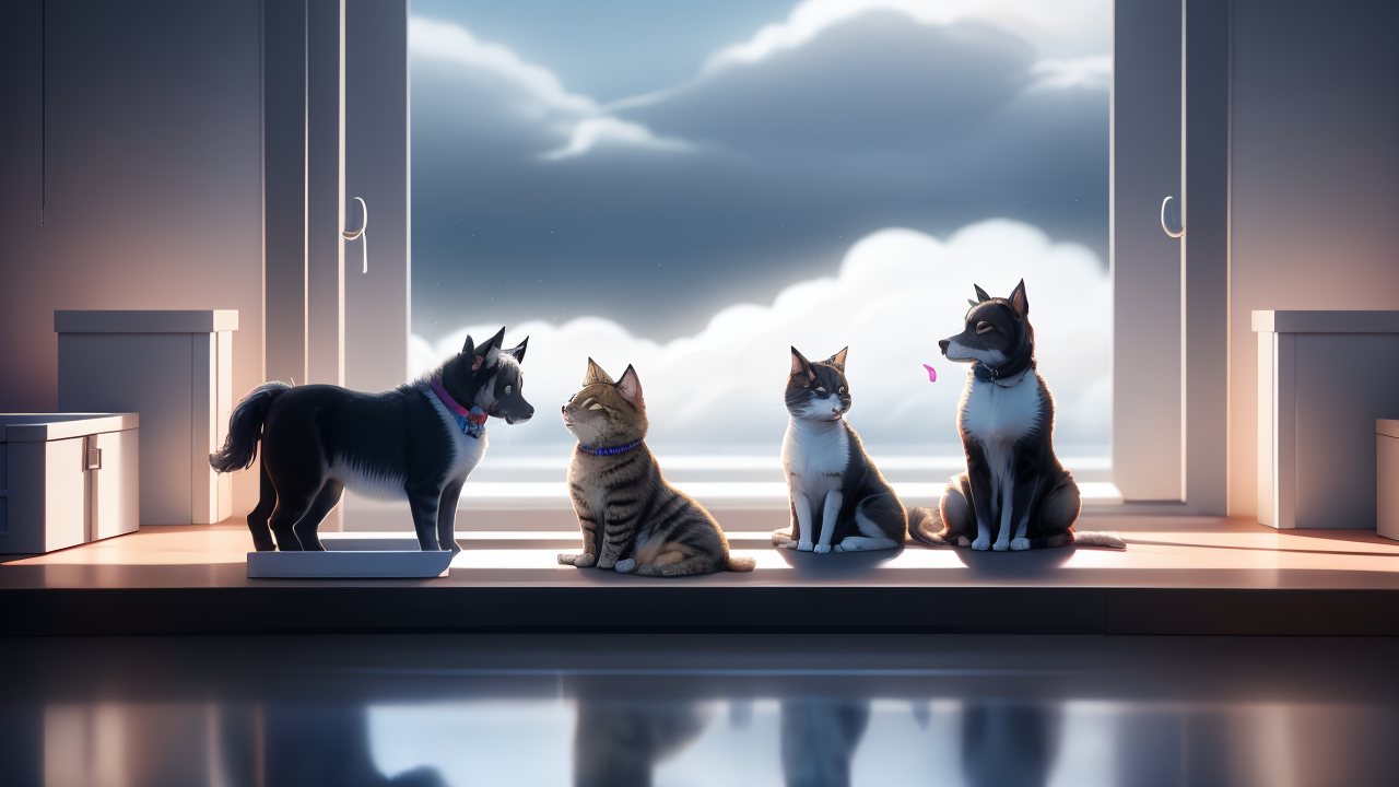 Cani Pet Therapy scene with pets on windowsill enjoying cloudy view, pet relief calm.