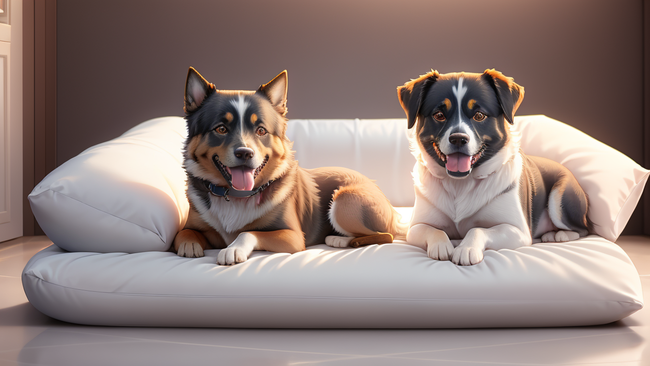 Two dogs resting on a white sofa with pet hair resistant comforter