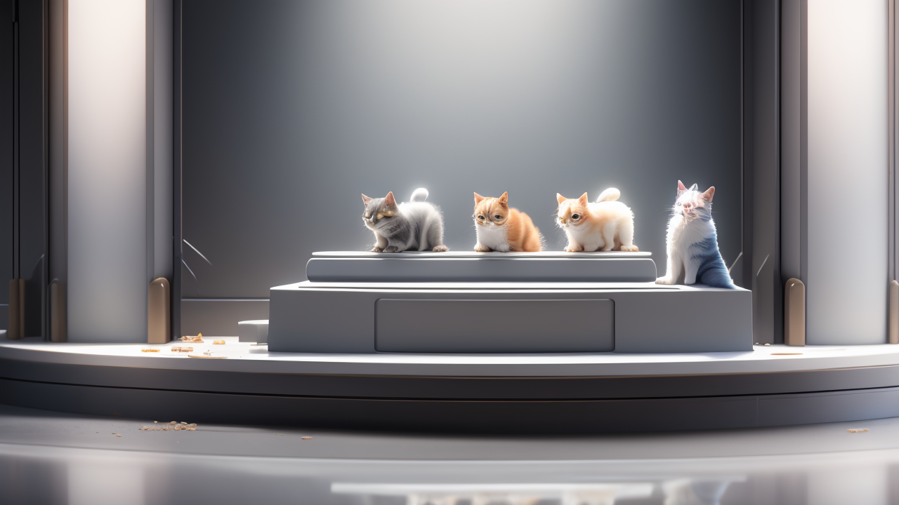 Pet friendly scene with curious kittens on a modern platform; Pet Care Products.